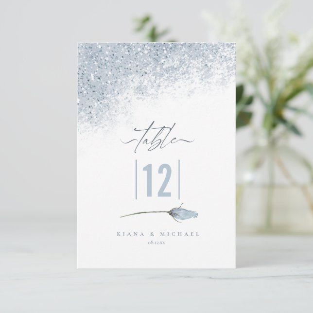 Floral Sparkles Wedding Table Number Blue ID889  (Standing Front)