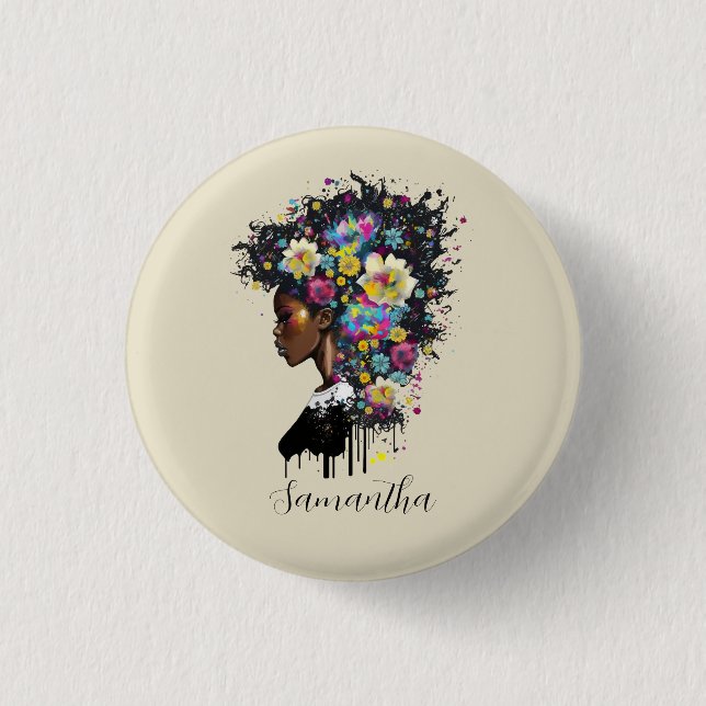 Floral Sparkling African American Woman 1 Inch Round Button (Front)