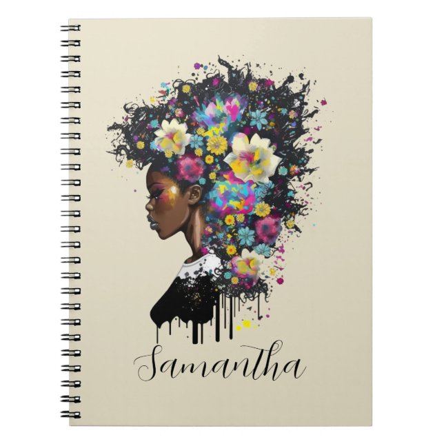 Floral Sparkling African American Woman Notebook (Front)