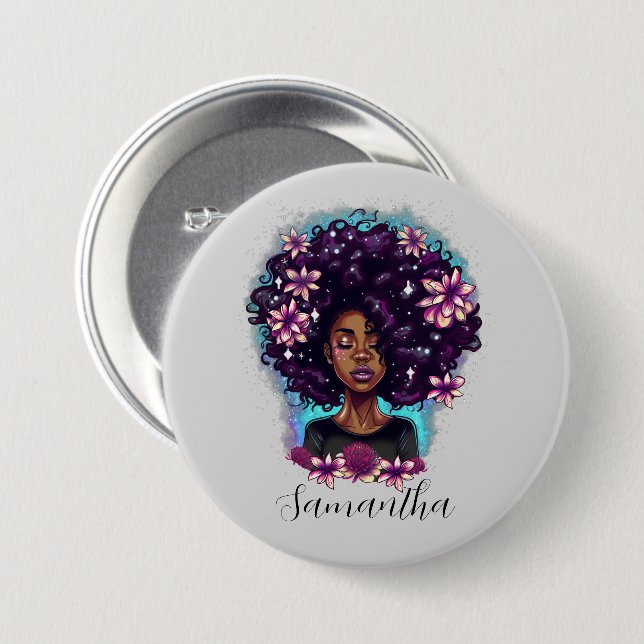 Floral Sparkling Afro Woman Button (Front & Back)