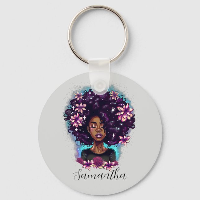 Floral Sparkling Afro Woman Keychain (Front)