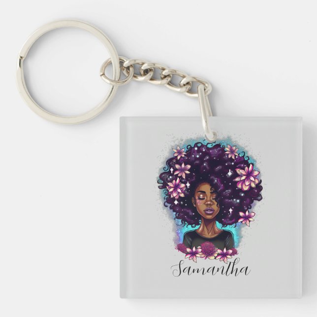 Floral Sparkling Afro Woman Keychain (Front)