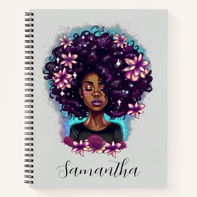 Floral Sparkling Afro Woman Notebook (Front)