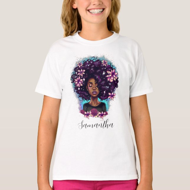 Floral Sparkling Afro Woman T-Shirt (Front)