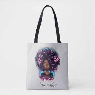 Floral Sparkling Afro Woman Tote Bag