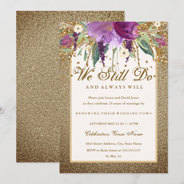 Floral Sparkling Amethyst Vow Renewal Anniversary Invitation (Front/Back)