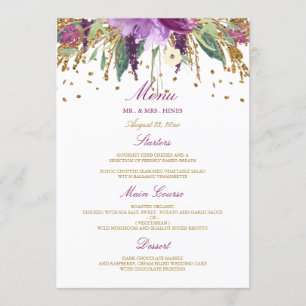 Floral Sparkling Amethyst Wedding Dinner Menu