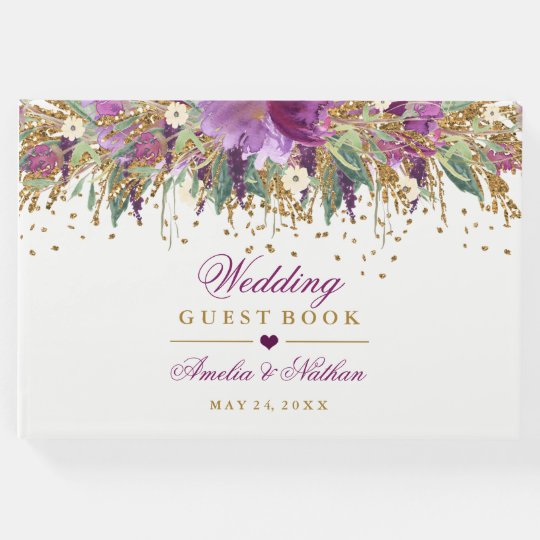 Floral Sparkling Amethyst Wedding Guest Book
