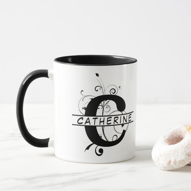 Floral Split Customized Alphabet monogram Letter C Mug (With Donut)
