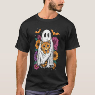 Floral Spooky Ghost Holding Black Cat Halloween Go T-Shirt