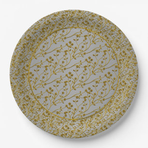 Floral Spray,GOLD-SILVER 6-PAPER PARTY PLATES