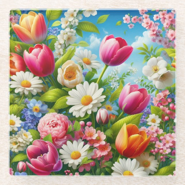Floral/spring artwork  glass coaster (Front)