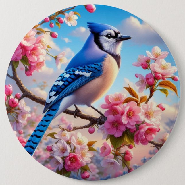 Floral/spring Blue Jay art 6 Inch Round Button (Front)