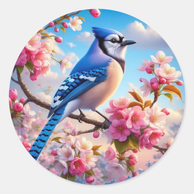 Floral/spring Blue Jay art Classic Round Sticker (Front)