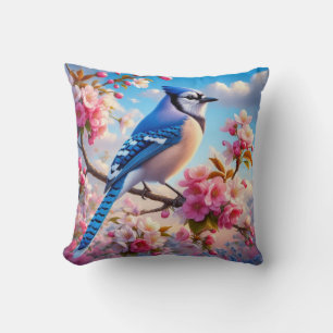 Floral/spring Blue Jay art Throw Pillow