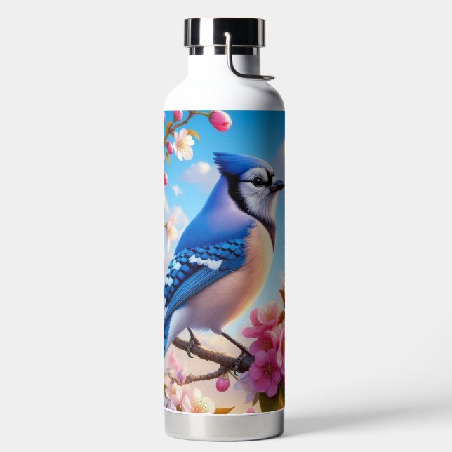 Floral/spring Blue Jay art Water Bottle (Left)