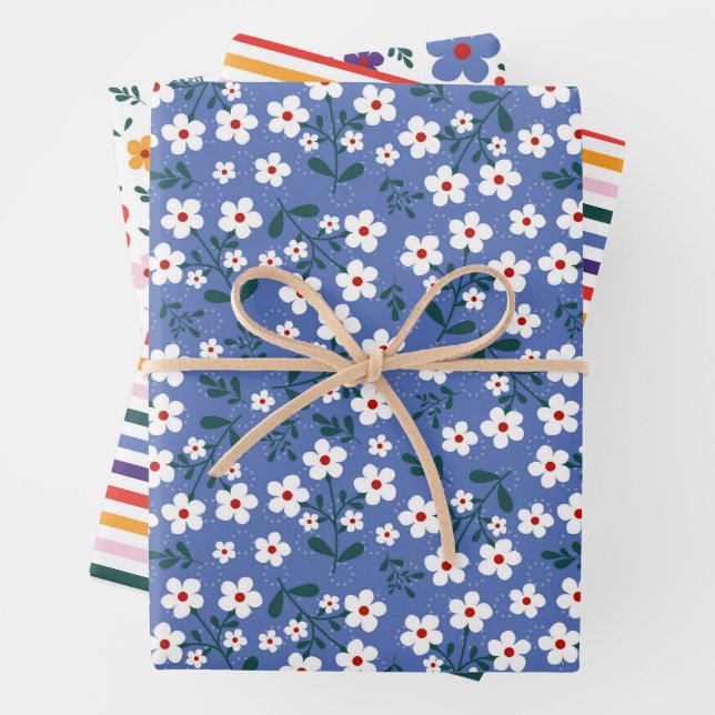 Floral Spring Colorful Stripes Wrapping Paper Sheet (In situ)