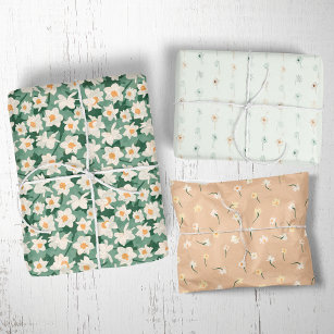Floral Spring Daffodil   Green and Orange Wrapping Paper Sheet
