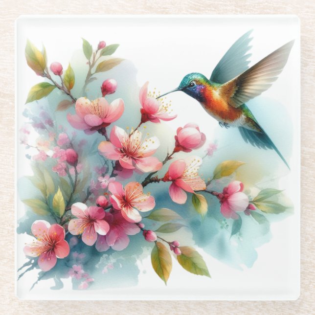 Floral/spring hummingbird artwork  glass coaster (Front)