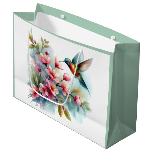 Floral/spring hummingbird artwork  large gift bag (Front Angled)