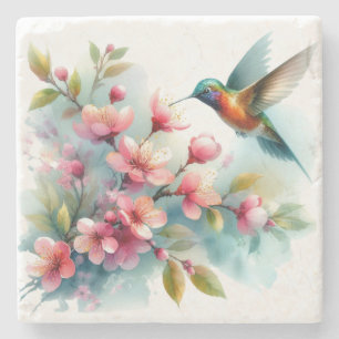 Floral/spring hummingbird artwork stone coaster