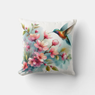 Floral/spring hummingbird artwork throw pillow