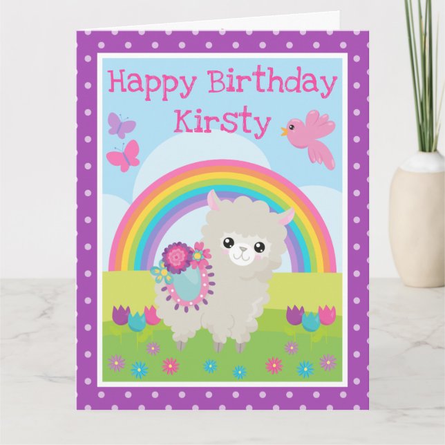 Floral Spring Llama & Rainbow Birthday Card (Front)