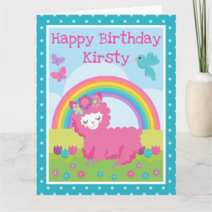 Floral Spring Pink Llama & Rainbow Birthday Card