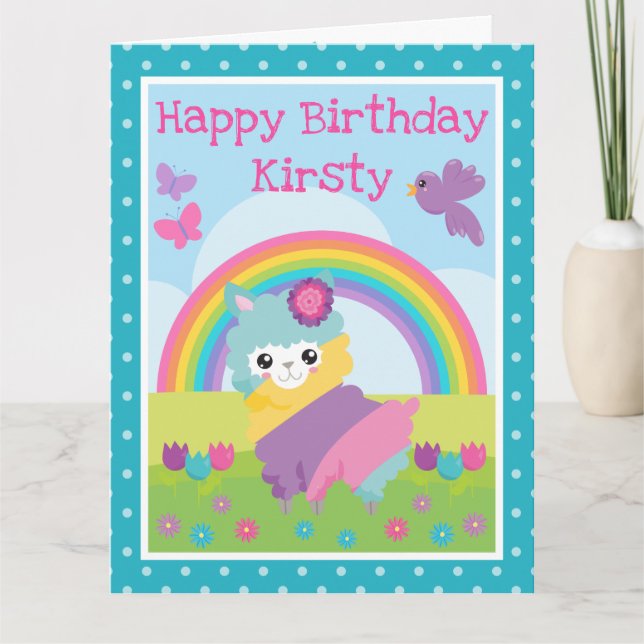Floral Spring Rainbow Llama & Rainbow Birthday Card (Front)