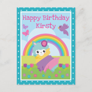 Floral Spring Rainbow Llama & Rainbow Birthday Postcard