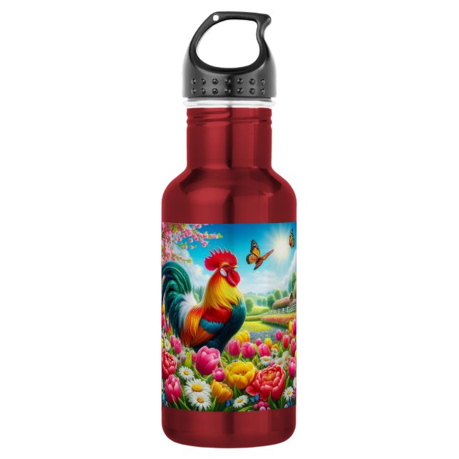 Floral/spring rooster/chicken artwork  532 ml water bottle (Front)