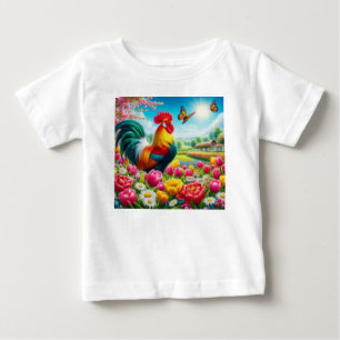 Floral/spring rooster/chicken artwork baby T-Shirt