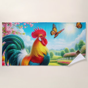 Floral/spring rooster/chicken artwork  beach towel