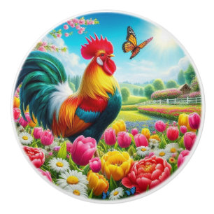 Floral/spring rooster/chicken artwork  ceramic knob
