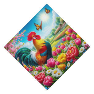 Floral/spring rooster/chicken artwork graduation cap topper