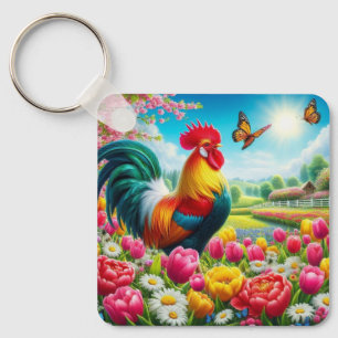 Floral/spring rooster/chicken artwork keychain