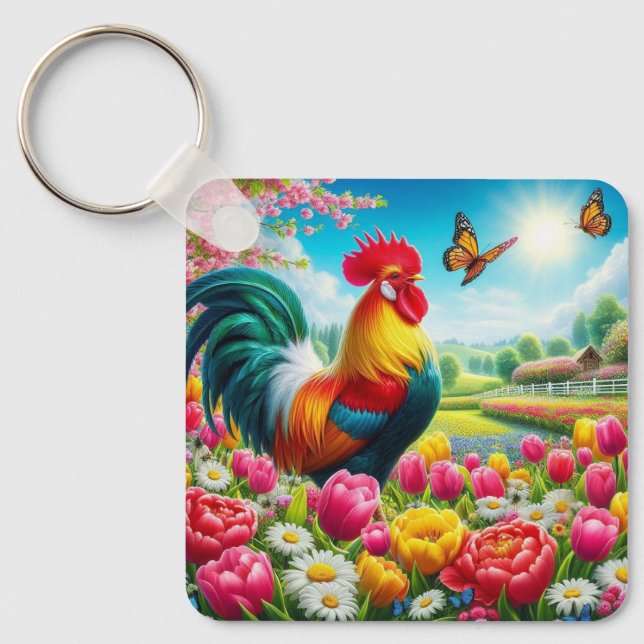 Floral/spring rooster/chicken artwork  keychain (Front)