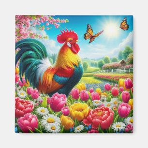 Floral/spring rooster/chicken artwork magnet