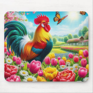 Floral/spring rooster/chicken artwork  mouse pad