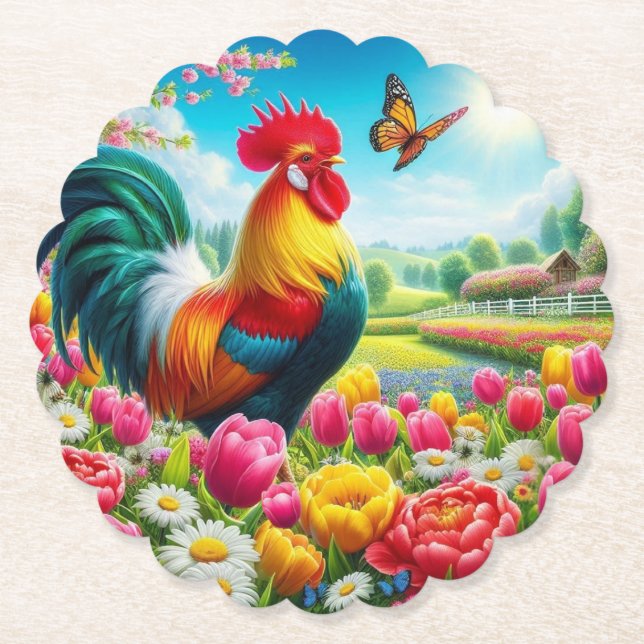 Floral/spring rooster/chicken artwork  paper coaster (Front)