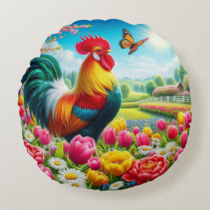 Floral/spring rooster/chicken artwork round pillow