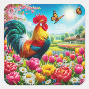 Floral/spring rooster/chicken artwork  square sticker