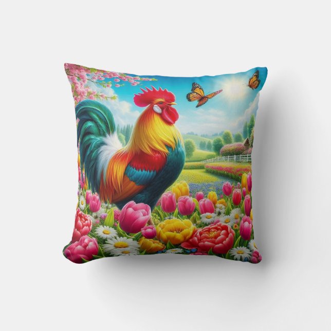 Floral/spring rooster/chicken artwork  throw pillow (Front)