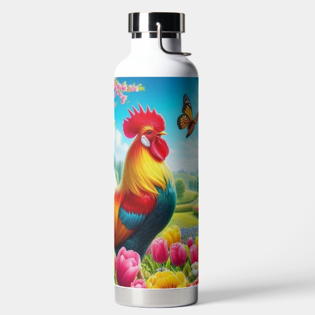 Floral/spring rooster/chicken artwork  water bottle (Left)