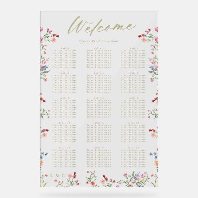 Floral Spring Wedding Welcome Seating Acrylic Sign (Front)