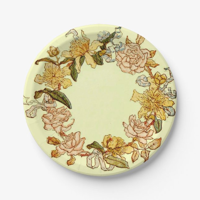 Floral Spring Wreath Flower Pink Flowers Art Paper Plate (Front)