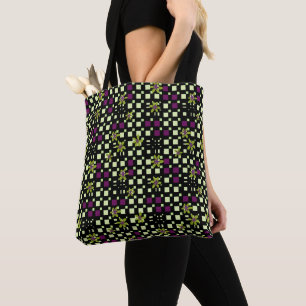 Floral Square Conundrum Olive Aubergine Black Tote Bag