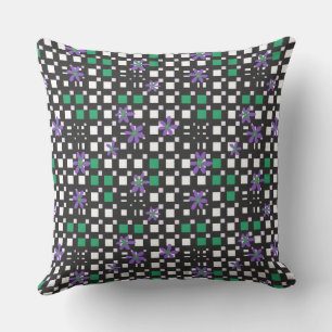 Floral Square Conundrum Purple Green White Black Throw Pillow