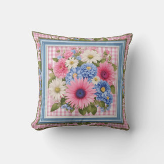 Floral Square Seamless Pattern with Pink Gingham B Throw Pillow