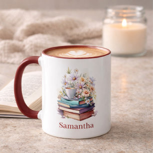 Floral Stacked Books Personalized Burgundy Handle Mug